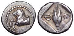 Thessaly, Thessalian League AR Hemidrachm. Thessaly, Thessalian League AR Hemidrachm. Circa 470-460 BC. Forepart of horse running left, И on torso / Grain ear within incuse square, Θ-E across fields. 