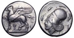Corinthia, Corinth AR Stater. Corinthia, Corinth AR Stater. Circa 400-375 BC. Pegasos walking left on double ground line, Q below / Head of Athena left, wearing Corinthian helmet; seven dolphins aroun