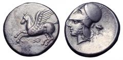 Corinthia, Corinth AR Stater. Corinthia, Corinth AR Stater. Circa 400-375 BC. Pegasos flying left, Q below / Head of Athena left, wearing Corinthian helmet, E and poppy-head behind. Pegasi 367; Ravel 