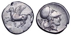 Corinthia, Corinth AR Stater. Corinthia, Corinth AR Stater. Circa 375-300 BC. Pegasos flying left, Q below / Head of Athena right, wearing Corinthian helmet; kantharos and N behind. Pegasi 379; Ravel 