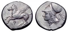 Corinthia, Corinth AR Stater. Corinthia, Corinth AR Stater. Circa 375-300 BC. Pegasos flying left, Q below / Head of Athena left, wearing Corinthian helmet; N and triskeles within circle behind. Pegas