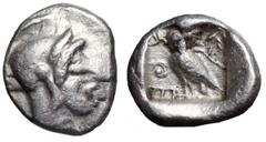 Attica, Athens AR Obol. Attica, Athens AR Obol. Circa 510-500/490 BC. Helmeted head of Athena right / Owl standing left, head facing; olive-sprig behind; all within incuse square. Seltman group H, p. 