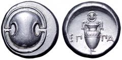 Boeotia, Thebes AR Stater. Boeotia, Thebes AR Stater. Circa 364-362 BC. Epaminondas, magistrate. Boeotian shield / Amphora, Boeotian shield above, EΠ-ΠA across central field; all within concave circle