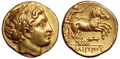 Kingdom of Macedon. Philip II AV Stater. Kingdom of Macedon. Philip II AV Stater. Pella, circa 323-315 BC. Laureate head of Apollo right / Charioteer driving galloping biga right, holding kentron and 