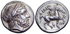 Kingdom of Macedon. Philip II AR Tetradrachm. Kingdom of Macedon. Philip II AR Tetradrachm. Amphipolis, circa 323-317 BC. Struck under Philip III. Laureate head of Zeus right / Youth on horseback righ