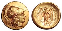 Kingdom of Macedon. Philip III Arrhidaios AV Stater. Kingdom of Macedon. Philip III Arrhidaios AV Stater. Babylon, circa 323-317 BC. Head of Athena right, wearing triple crested Corinthian helmet / Ni
