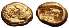 Kings of Lydia. Kroisos AV Hekte. Kings of Lydia. Kroisos AV Hekte (1/6 Stater). Light standard. Sardes, circa 560-546 BC. Confronted foreparts of lion and bull / Incuse rectangular punch. Walburg gro