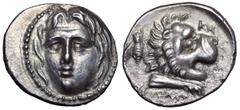 Karia, Knidos AR Didrachm. Karia, Knidos AR Didrachm. Circa 189-167 BC. Euboulos, magistrate. Head of Helios, facing slightly to left / Head of roaring lion to right, forepaw below, bee behind; KNI ab
