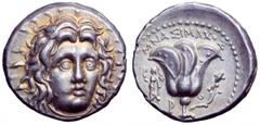 Island off Karia, Rhodes AR Didrachm. Islands off Karia, Rhodes AR Didrachm. Circa 250-229 BC. Mnasimachos, magistrate. Radiate head of Helios facing slightly to right / Rose with single bud to right,