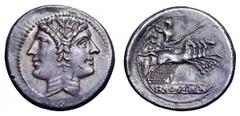 Anonymous AR Didrachm. Anonymous AR Didrachm. Uncertain mint, 225-212 BC. Laureate head of Janus / Jupiter, holding thunderbolt and sceptre in quadriga to right, driven by Victory; ROMA on tablet belo