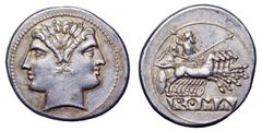 Anonymous AR Didrachm. Anonymous AR Didrachm. Rome, circa 225-214 BC. Laureate head of Janus / Jupiter, holding thunderbolt and sceptre in quadriga to right, driven by Victory; ROMA incuse on tablet b