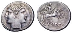 Anonymous AR Didrachm. Anonymous AR Didrachm. Rome, circa 225-214 BC. Laureate head of Janus / Jupiter, holding thunderbolt and sceptre in quadriga to right, driven by Victory; ROMA incuse on tablet b