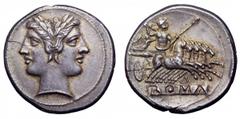 Anonymous AR Didrachm. Anonymous AR Didrachm. Rome, circa 225-214 BC. Laureate head of Janus / Jupiter in quadriga right, driven by Victory - Jupiter holds sceptre in left hand and hurls thunderbolt w