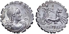 Q. Crepereius M. f. Rocus AR Denarius. Q. Crepereius M. f. Rocus AR Serrate Denarius. Rome, 72 BC. Bust of Amphitrite or Venus right, seen from behind, dolphin on left, D on right / Neptune in biga of