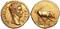 Augustus AV Aureus. Augustus AV Aureus. Lugdunum, 14-2 BC. AVGVSTVS DIVI F, bare head right / Bull charging right, left forefoot raised, IMP X in exergue. RIC 166a; BMC 450; Calicó 212. 7.85g, 20mm, 3