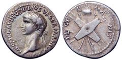 Nero Claudius Drusus AR Denarius. Nero Claudius Drusus AR Denarius. Rome, AD 41-45. NERO CLAVDIVS DRVSVS GERMANICVS IMP, laureate bust left / DE GERMANIS, two oblong shields crossed over spears and tr