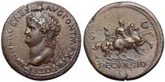 Nero Æ Sestertius. Nero Æ Sestertius. Lugdunum, AD 66. IMP NERO CAESAR AVG PONT MAX T R POT P P, laureate head right / Nero on horseback to right, holding spear; behind him, soldier on horseback right