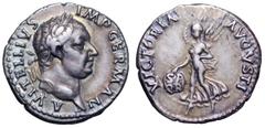 Vitellius AR Denarius. Vitellius AR Denarius. Lugdunum, AD 69. A VITELLIVS IMP GERMAN, laureate head right / VICTORIA AVGVSTI, Victory, draped, advancing left, holding shield inscribed SP-QR in two li