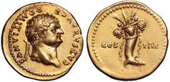Domitian, as Caesar, AV Aureus. Domitian, as Caesar, AV Aureus. Rome, AD 76-7. CAESAR AVG F DOMITIANVS, laureate head right / COS IIII across fields, cornucopiae with ribbons hanging down each side. R
