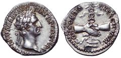 Nerva AR Denarius. Nerva AR Denarius. Rome, AD 96. IMP NERVA CAES AVG P M TR P COS II P P, laureate head right / CONCORDIA EXERCITVVM, clasped hands, holding aquila resting on prow. RIC 3. 3.72g, 19mm