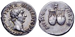 Trajan AR Drachm of Lycia. Trajan AR Drachm of Lycia. AD 98-99. AYT KAIC NEP TPAIANOC CEB ΓERM, laureate head right / ΔHMEΞ YΠATB, owl standing right, one leg on each of two lyres. BMC 10; SNG Copenha
