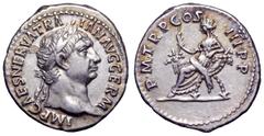 Trajan AR Denarius. Trajan AR Denarius. Rome, AD 100. IMP NERVA CAES TRAIAN AVG GERM, laureate head right / P M TR P COS III P P, Abundantia seated left, holding sceptre, on chair with crossed cornuco