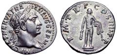 Trajan AR Denarius. Trajan AR Denarius. Rome, AD 101-102. IMP CAES NERVA TRAIAN AVG GERM, laureate head right / P M TR P COS IIII P P, Hercules, nude, standing facing on pedestal and holding club in r