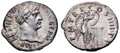 Trajan AR Denarius. Trajan AR Denarius. Rome, AD 101-102. IMP CAES NERVA TRAIAN AVG GERM, laureate head right / PM TRP COS IIII PP, Victory, naked to waist, standing right, foot on helmet, inscribing 