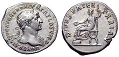 Trajan AR Denarius. Trajan AR Denarius. Rome, AD 112-114. IMP TRAIANVS AVG GER DAC P M TR P COS VI P P, laureate bust right, drapery on far shoulder / DIVVS PATER TRAIAN, Trajan Pater, bare-headed and