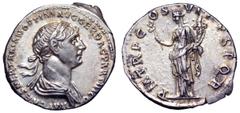 Trajan AR Denarius. Trajan AR Denarius. Rome, AD 116. IMP CAES NER TRAIAN OPTIM AVG GER DAC PARTHICO, laureate and draped bust right / P M TR P COS VI P P SPQR, Felicitas standing left, holding raised