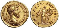 Lucius Verus AV Aureus. Lucius Verus AV Aureus. Rome, AD 163-164. L VERVS AVG ARMENIACVS, laureate, draped and cuirassed bust right / T R P IIII IMP II COS II, Victory half-draped, standing right, fix