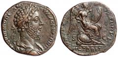 Commodus Æ Sestertius. Commodus Æ Sestertius. Rome, AD 185-6. M COMMODVS ANTON AVG PIVS BRIT, laureate and draped bust right / P M TR P X IMP VII COS IIII P P, Victory seated right on shields, inscrib