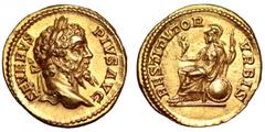 Septimius Severus AV Aureus. Septimius Severus AV Aureus. Rome, AD 202-10. SEVERVS PIVS AVG, laureate head right / RESTITVTOR VRBIS, Roma seated left on shield, holding palladium and sceptre. RIC 288;
