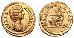 Julia Domna AV Aureus. Julia Domna AV Aureus. Rome, AD 196-211. IVLIA AVGVSTA, draped bust right / MATER DEVM, Cybele seated left on throne, holding branch in right hand and long sceptre in left and r