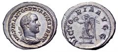 Gordian II AR Denarius. Gordian II AR Denarius. Rome, AD 238. IMP M ANT GORDIANVS AFR AVG, laureate, draped and cuirassed bust right / VICTORIA AVGG, Victory advancing left, holding wreath and palm. R