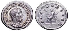 Pupienus AR Denarius. Pupienus AR Denarius. Rome, AD 238. IMP C M CLOD PVPIENVS AVG, laureate, draped and cuirassed bust right / PAX PVBLICA, Pax seated left holding branch and sceptre. RIC 4. 3.38g, 
