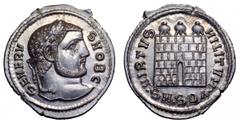 Severus II, as Caesar, AR Argenteus. Severus II, as Caesar, AR Argenteus. Serdica, AD 305-6. SEVERVS NOB C, laureate head right / VIRTVS MILITVM, three-turreted camp-gate with no doors, ·SM·SDA· in ex
