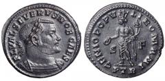 Severus II Æ Follis. Severus II Æ Follis. Trier, AD 307. FL VAL SEVERVS NOB CAES, laureate and cuirassed bust right / GENIO POPVLI ROMANI, Genius standing facing, head left wearing towered crown, left