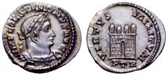 Constantine I, as Caesar, AR Half-Siliqua. Constantine I, as Caesar, AR Half-Siliqua. Treveri, AD 309-313. IMP CONSTANTINVS AVG, laureate and cuirassed bust right / VIRTVS MILITVM, four-turreted camp-