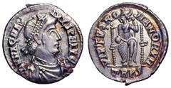 Magnus Maximus AR Siliqua. Magnus Maximus AR Siliqua. Trier, AD 383-388. D N MAG MAXIMVS P F AVG, pearl-diademed, draped and cuirassed bust right / VIRTVS ROMANORVM, Roma enthroned facing, head left, 