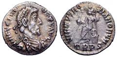 Eugenius AR Siliqua. Eugenius AR Siliqua. Trier, AD 392-395. D N EVGENIVS P F AVG, pearl-diademed, draped and cuirassed bust right / VIRTVS ROMANORVM, Roma seated left on cuirass, holding Victory on g