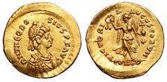 Theodosius II AV Tremissis. Theodosius II AV Tremissis. Constantinople, AD 408-420. D N THEODOSIVS P F AVG, pearl-diademed, draped, and cuirassed bust right / VICTORIA AVGVSTORVM, Victory standing fac