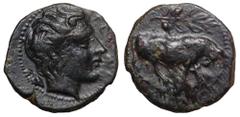 Sicily, Gela Æ Tetras. Circa 420-405 BC. Bull walking r. / Head of river-god Gelas r. Jenkins 528; CNS III, p. 22, 49; HGC 2, 380. 3.49g, 14mm, 11h. Very Fine, dark patina.