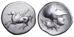Corinthia, Corinth AR Stater. Circa 375-300 BC. Pegasos flying l. / Helmeted head of Athena r.; bucranion and AN monogram behind. Ravel -; cf. BMC Corinth 380, BCD Corinth 125 (bucranion and N). 8.40g