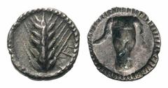 Lucania, Metapontum AR Triobol.Lucania, Metapontum AR Triobol. Circa 470-440 BC. Barley ear with six grains / Incuse bull's head. Noe 264-7; HN Italy 1487. 0.98g, 13mm, 1h. Good Very Fine. Attractive 