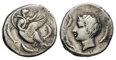 Sicily, Kamarina AR Didrachm.Sicily, Kamarina AR Didrachm. Circa 415-405 BC. The nymph Kamarina riding on a swan swimming left; two fish swimming below, another in right field / Head of the river god 
