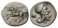 Corinthia, Corinth AR Stater. Corinthia, Corinth AR Stater. Circa 340-330 BC. Pegasos flying left / Head of Athena facing to right, Corinthian helmet in left field, small Corinthian helmet without cre