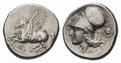 Corinthia, Corinth AR Stater. Corinthia, Corinth AR Stater. Circa 360-340 BC. Pegasos flying left / Helmeted head of Athena left, facing head of radiate Helios behind. Beneath truncation. Ravel 1006; 
