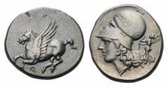 Corinthia, Corinth AR Stater. Corinthia, Corinth AR Stater. Circa 300 BC. Pegasos flying left / Helmeted head of Athena left, bowl of helmet decorated with laurel wreath; behind, Nike flying left, hol