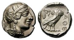 Attica, Athens AR Tetradrachm.Attica, Athens AR Tetradrachm. Circa 454-404 BC. Helmeted head of Athena right / Owl standing right, head facing; olive sprig and crescent behind; all within incuse squar